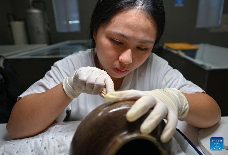 Un membro dello staff del centro archeologico dell'Amministrazione Nazionale del Patrimonio Culturale restaura le reliquie culturali nella città di Qionghai, nella provincia di Hainan. (27 agosto 2024 – Xinhua/Guo Cheng)