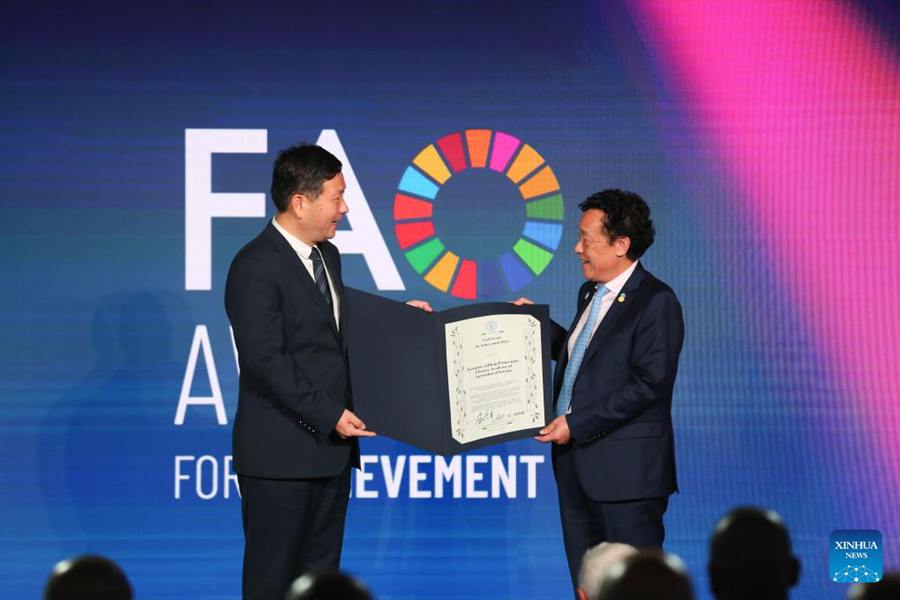 Qu Dongyu (a destra), direttore generale dell'Organizzazione delle Nazioni Unite per l'Alimentazione e l'Agricoltura (FAO), consegna il FAO Achievement Award all'Institute of Plant Protection dell'Accademia Cinese delle Scienze Agricole (IPPCAAS) durante una cerimonia per celebrare la Giornata Mondiale dell'Alimentazione a Roma, Italia. (16 ottobre 2024 - Xinhua/Li Jing)